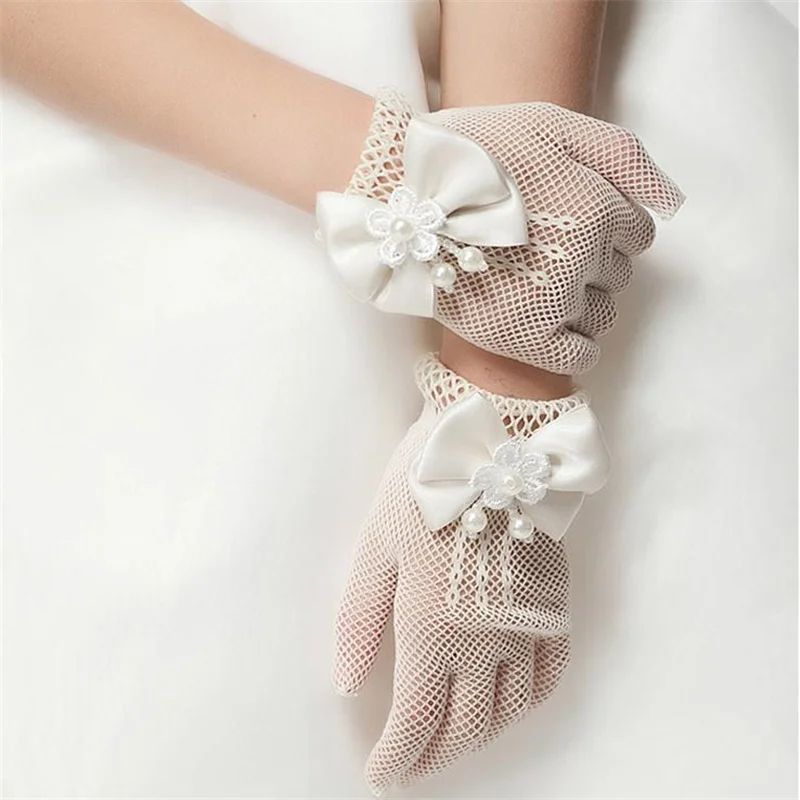 Girls White Lace Flower Girl Gloves With Pearl Bow For Communion Wedding 1