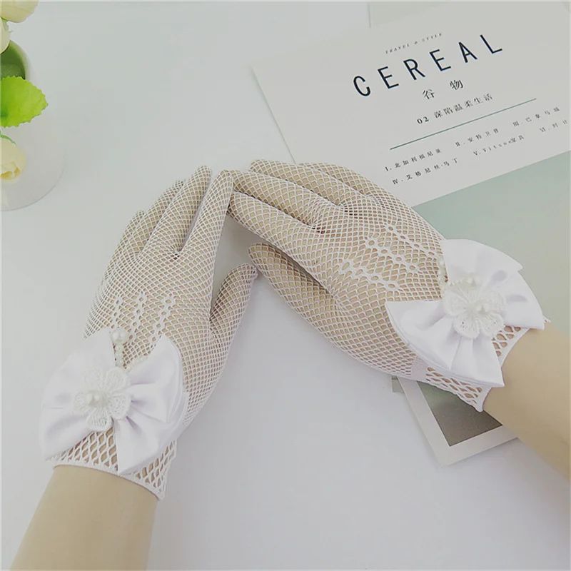 Girls White Lace Flower Girl Gloves With Pearl Bow For Communion Wedding 3