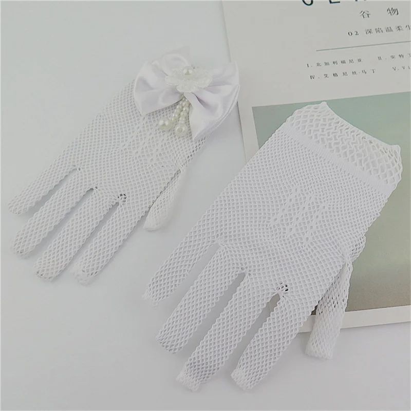 Girls White Lace Flower Girl Gloves With Pearl Bow For Communion Wedding 5