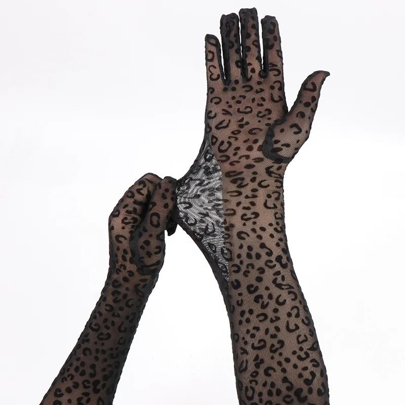 Leopard Print Mesh Opera Gloves 55cm Long Sexy Lace Cosplay Stage Gloves 5