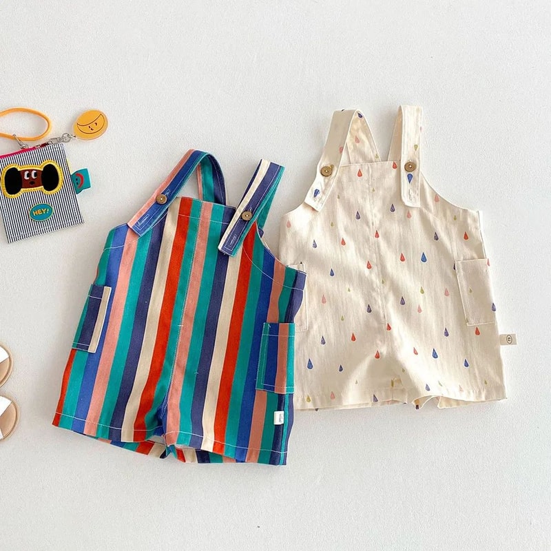 Colorful Striped Girls Summer Jumpsuit With Raindrop Print Lightweight Toddler Overalls Outfit 0