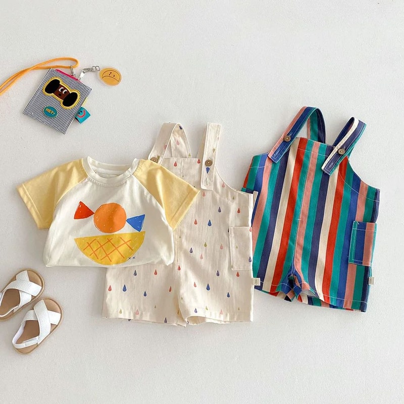 Colorful Striped Girls Summer Jumpsuit With Raindrop Print Lightweight Toddler Overalls Outfit 1