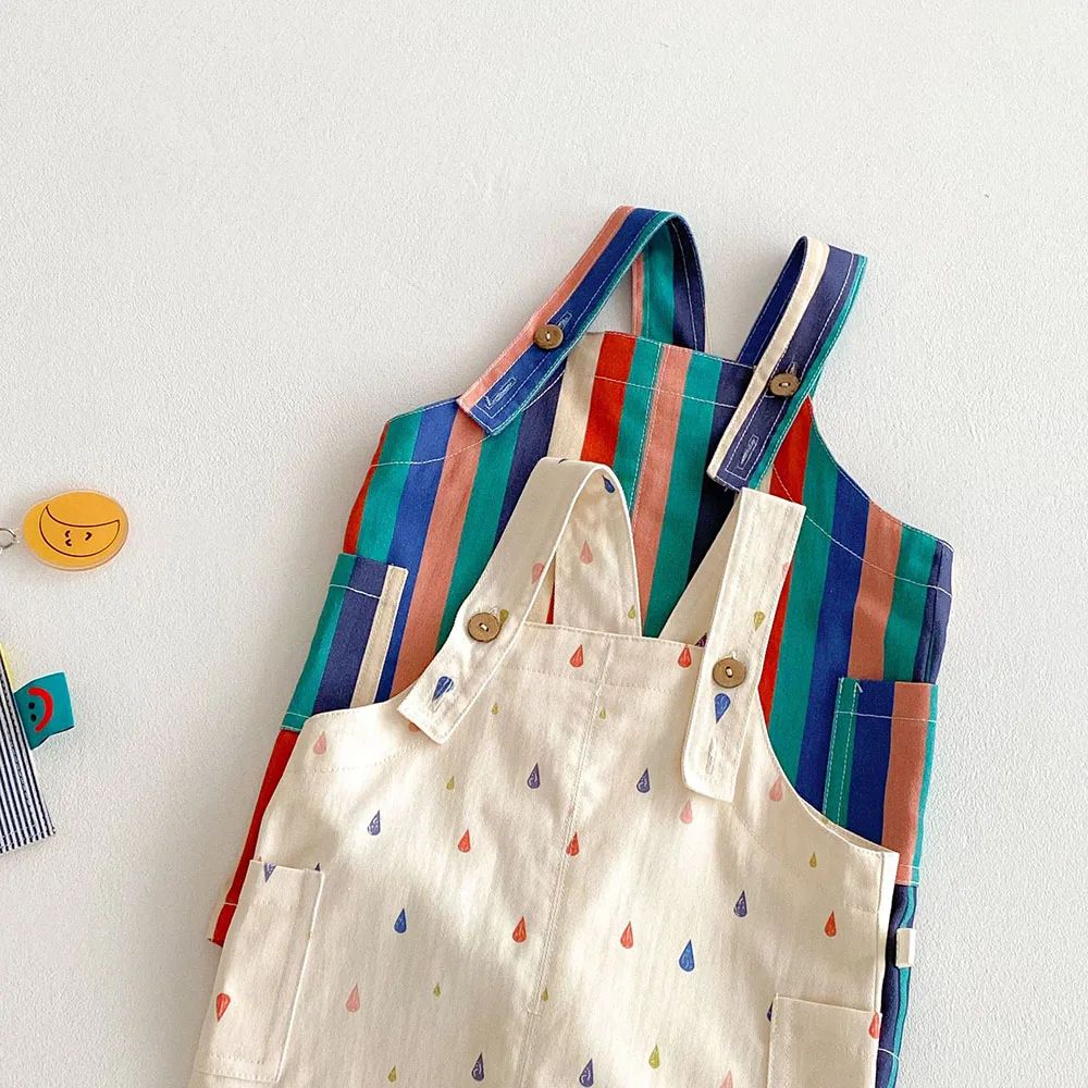 Colorful Striped Girls Summer Jumpsuit With Raindrop Print Lightweight Toddler Overalls Outfit 5