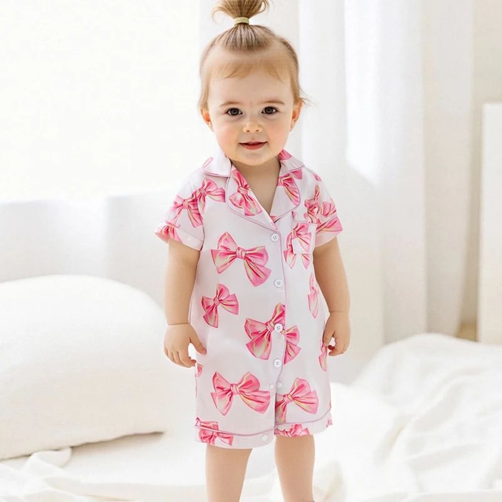 Princess Bow Satin Toddler Pajama Set Soft ButtonUp Baby Girl Sleepwear With Shorts 0