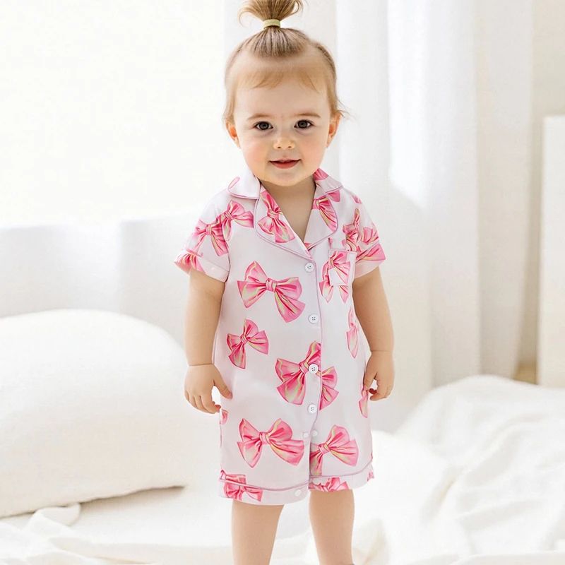 Princess Bow Satin Toddler Pajama Set Soft ButtonUp Baby Girl Sleepwear With Shorts 0