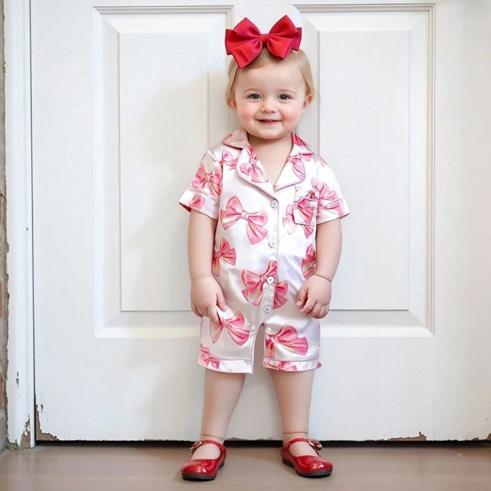 Princess Bow Satin Toddler Pajama Set Soft ButtonUp Baby Girl Sleepwear With Shorts 3