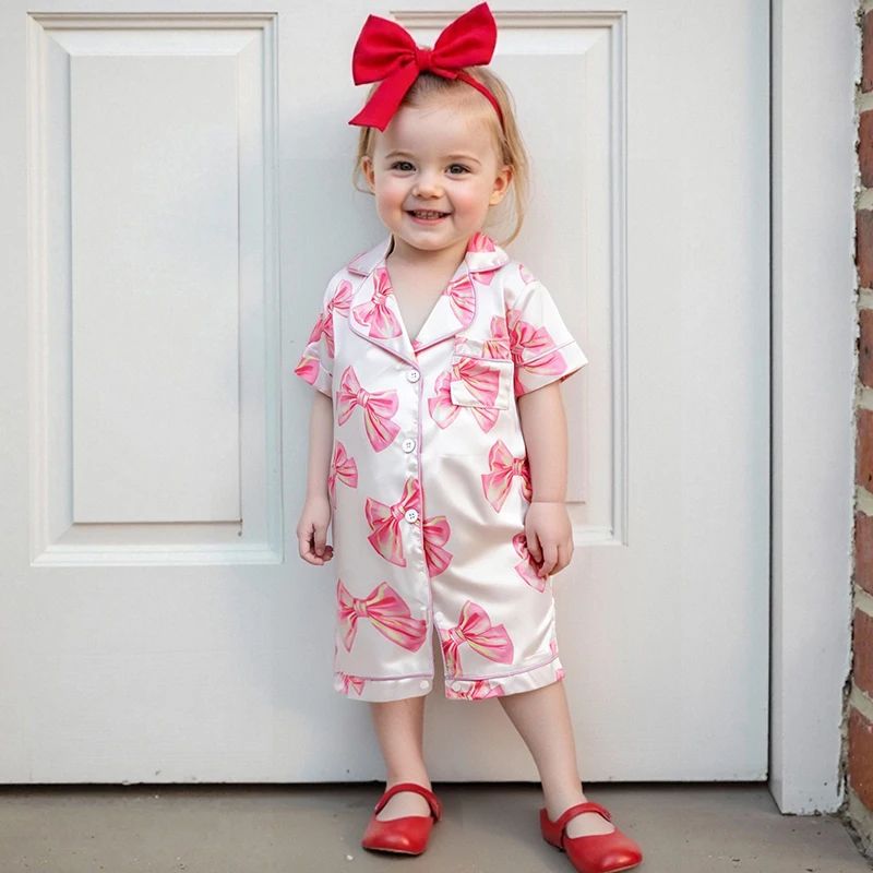 Princess Bow Satin Toddler Pajama Set Soft ButtonUp Baby Girl Sleepwear With Shorts 4