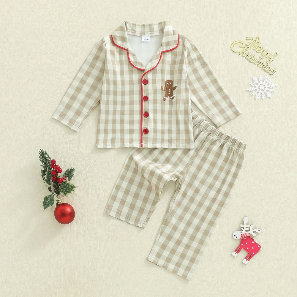 Cozy Gingerbread Plaid Christmas Baby Pajamas 2Piece Toddler Holiday Sleepwear Set 1