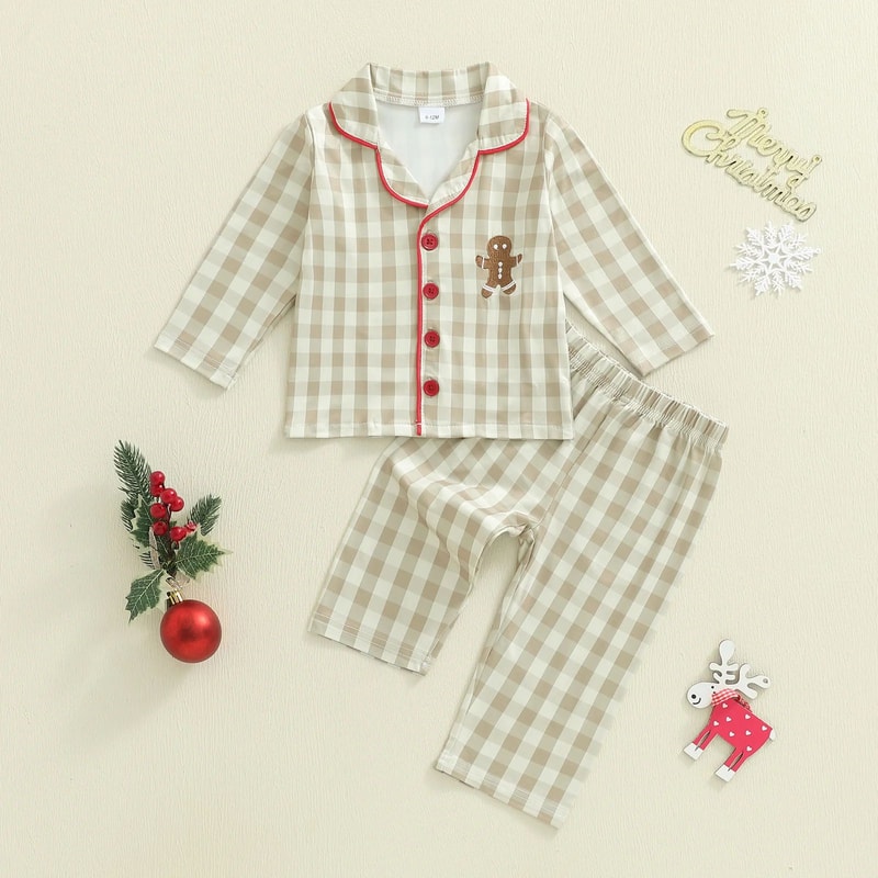 Cozy Gingerbread Plaid Christmas Baby Pajamas 2Piece Toddler Holiday Sleepwear Set 1