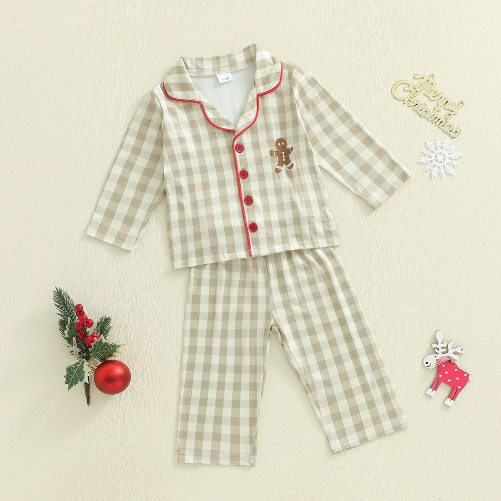 Cozy Gingerbread Plaid Christmas Baby Pajamas 2Piece Toddler Holiday Sleepwear Set 2