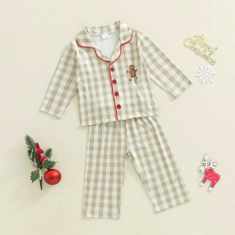 Cozy Gingerbread Plaid Christmas Baby Pajamas 2Piece Toddler Holiday Sleepwear Set 2