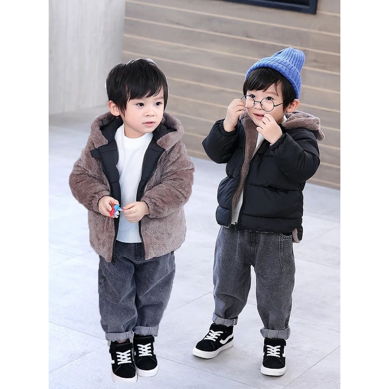 Reversible Cartoon Hooded Baby Winter Coat Plush Toddler Fleece Jacket 0