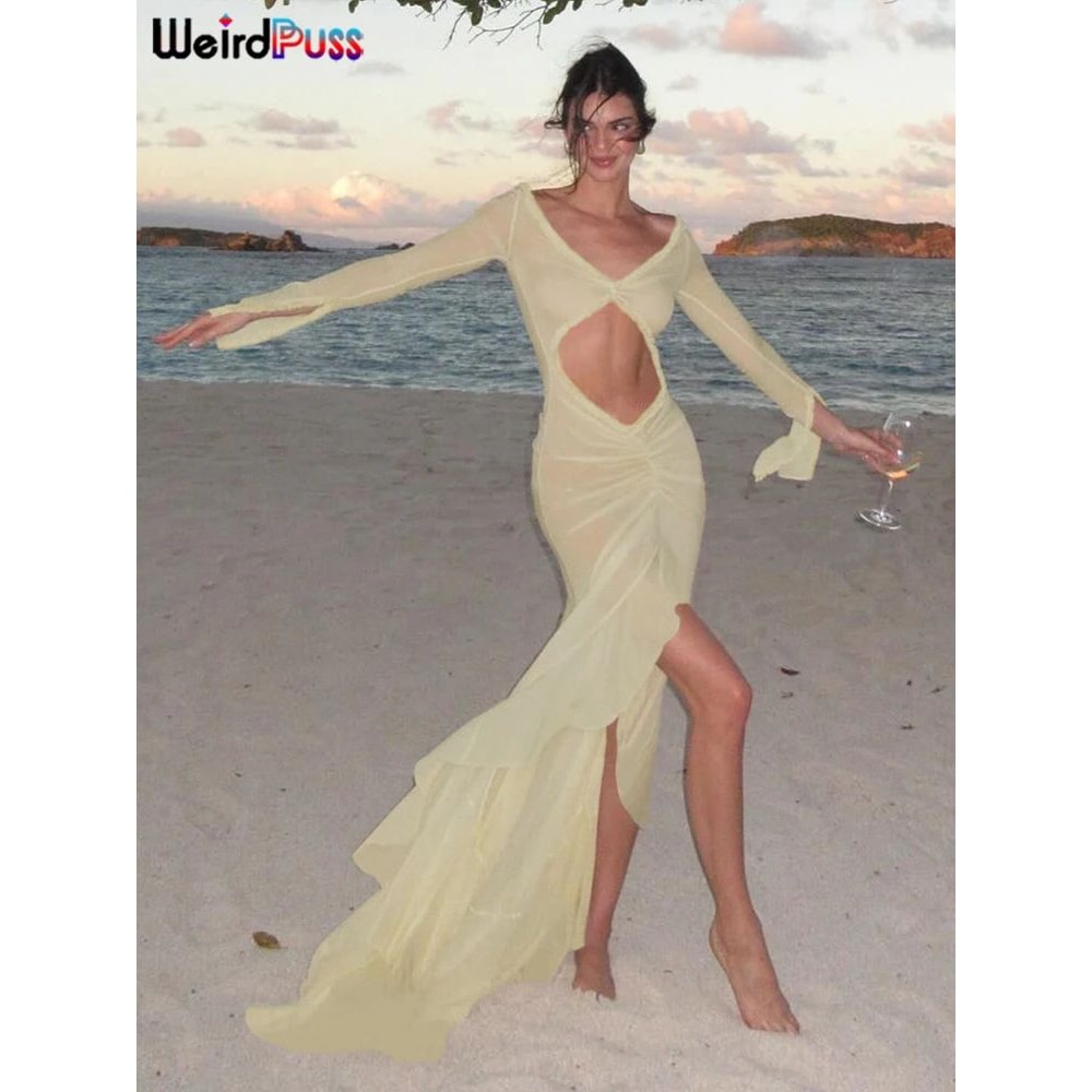 Weird Puss Sheer Bodycon Maxi Dress For Women Ruched VNeck Long Sleeve Split Hem CoverUp 4