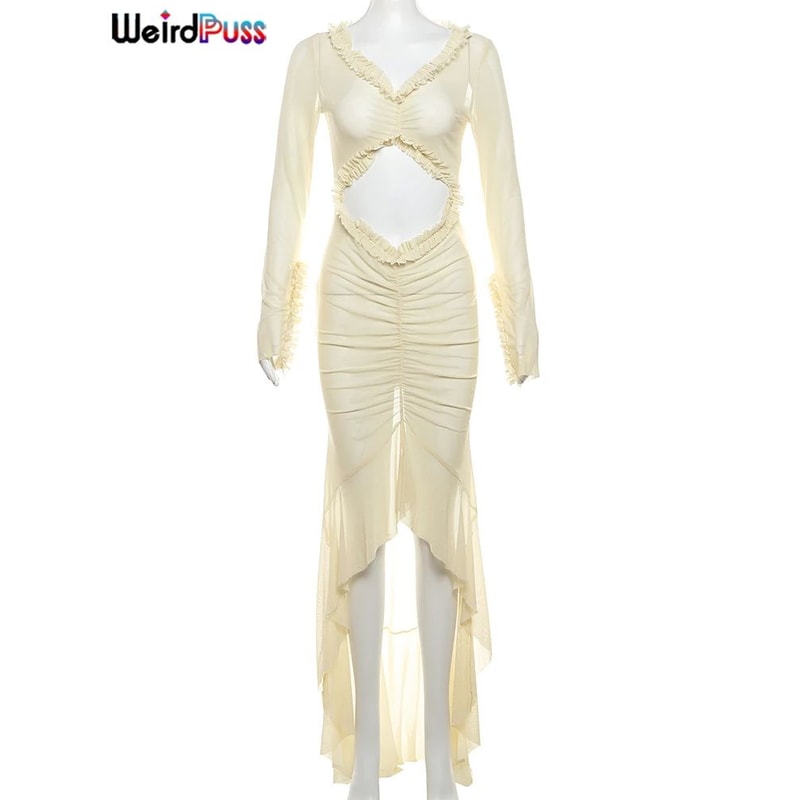 Weird Puss Sheer Bodycon Maxi Dress For Women Ruched VNeck Long Sleeve Split Hem CoverUp 5