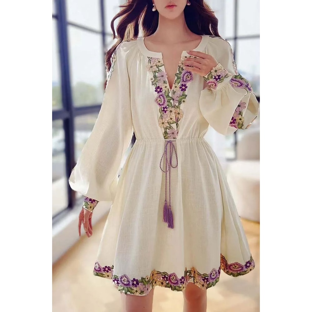Embroidered Chiffon Dress With Lantern Sleeves Elegant Beach Style Dress KneeLength Y2K Spring Dre 1