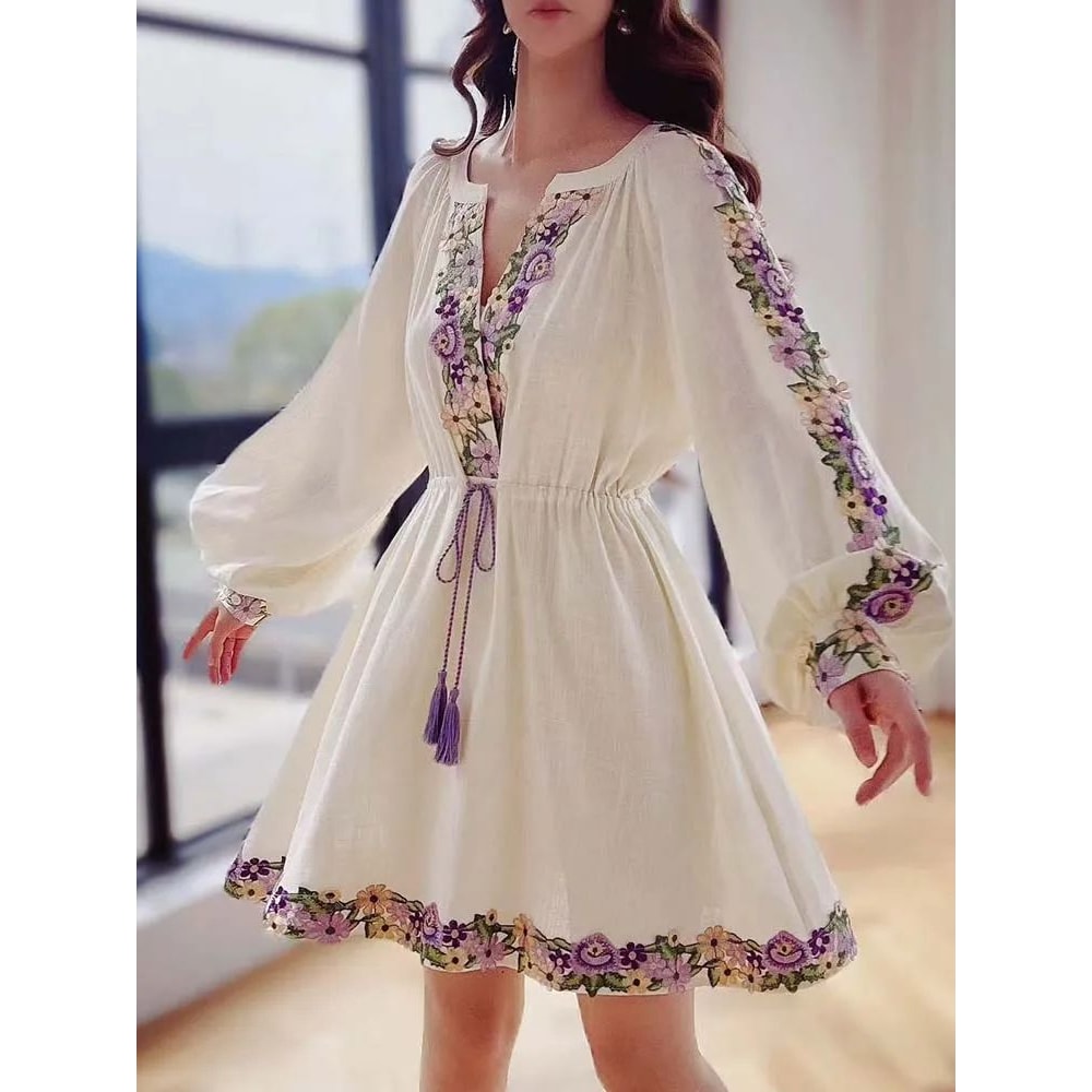 Embroidered Chiffon Dress With Lantern Sleeves Elegant Beach Style Dress KneeLength Y2K Spring Dre 5