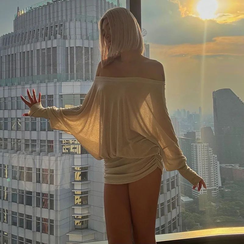 Off Shoulder Sheer Ruched Bodycon Mini Dress Sexy Long Sleeve Party Dress For Women 8