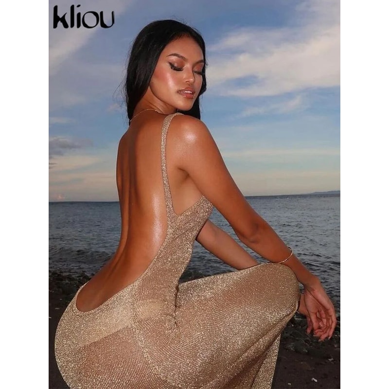Kliou Shimmer OpenBack Bodycon Maxi Dress For Women 5