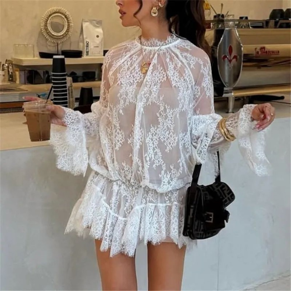 Elegant Floral Sheer Lace Mini Dress Long Sleeve See Through Mesh Dress For Party Cocktail Nights 0