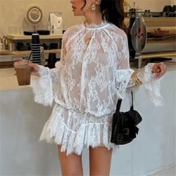 elegant floral sheer lace mini dress – long sleeve see through mesh dress for party & cocktail nights