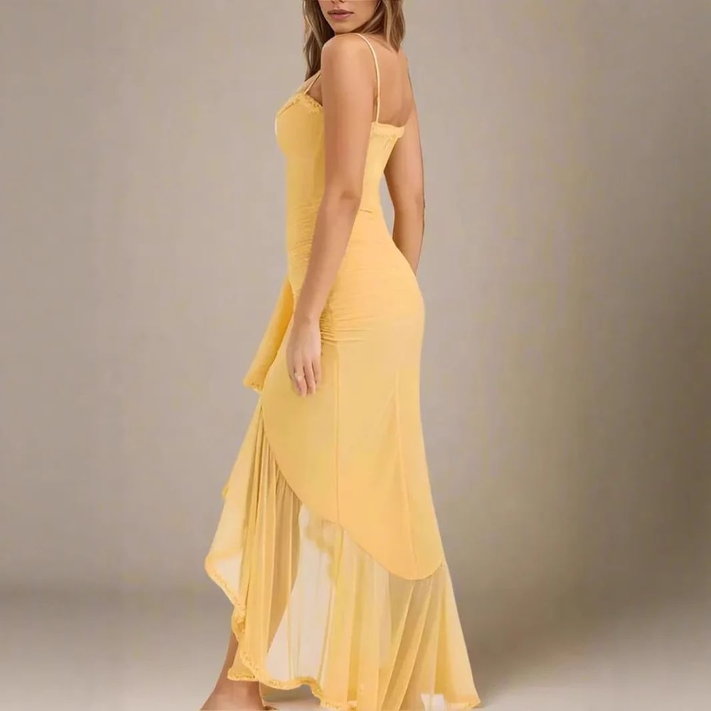 Elegant Ruched Mesh Camisole Dress Ruffled Sleeveless Flowy Party Dress 0