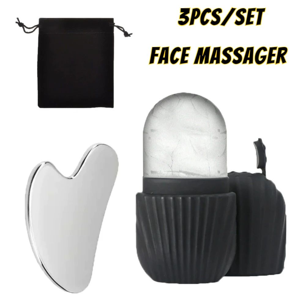 Stainless Steel Ice Face Roller Gua Sha Set For Depuffing And Facial Sculpting 0