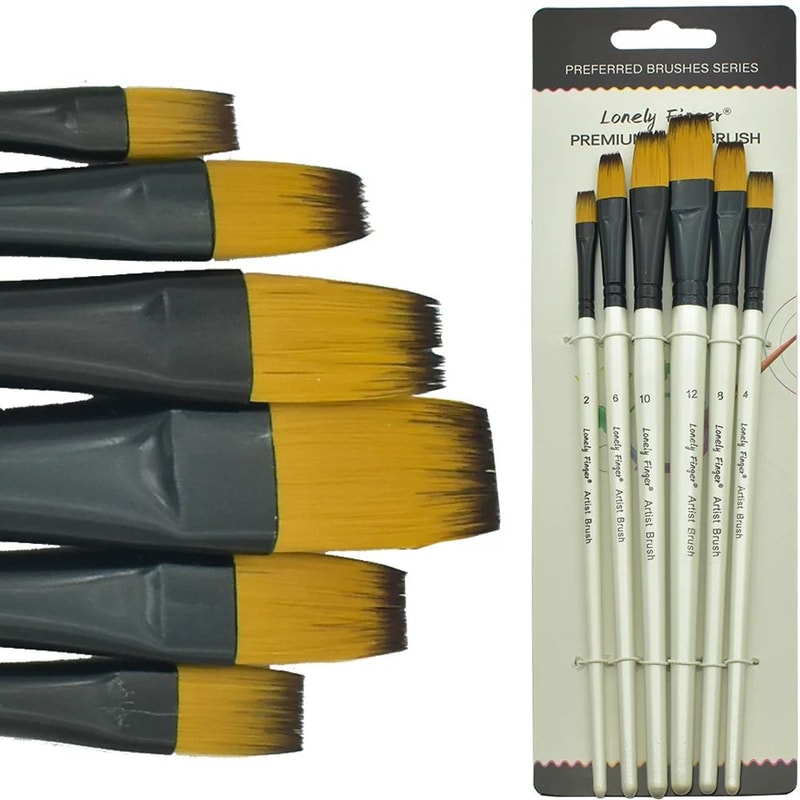 Precision Control Paint Brush Set 6pc Nylon Flat Artist Paint Brushes For Watercolor Acrylic Oil 0
