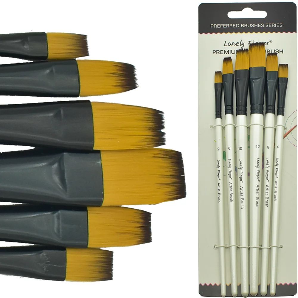 Precision Control Paint Brush Set 6pc Nylon Flat Artist Paint Brushes For Watercolor Acrylic Oil 6