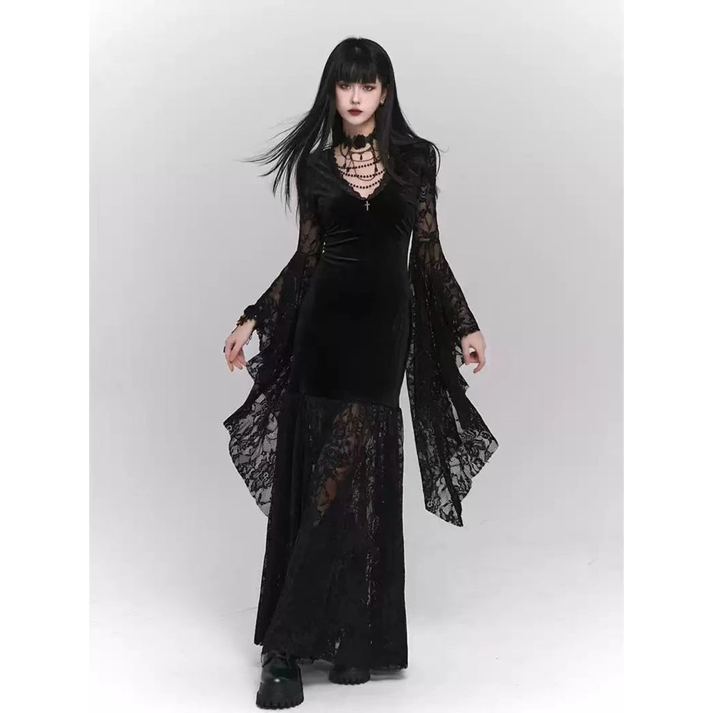 Midnight Elegance Black Gothic Dress Slim Gothic Bodycon Dress For Vintage Goth Harajuku Style 1