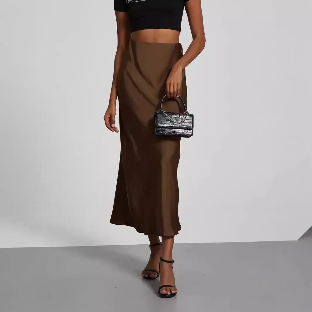 Elegant HighWaist Satin Midi Skirt Versatile Solid Color Womens Satin Skirt With Silky Flowing Tex 1