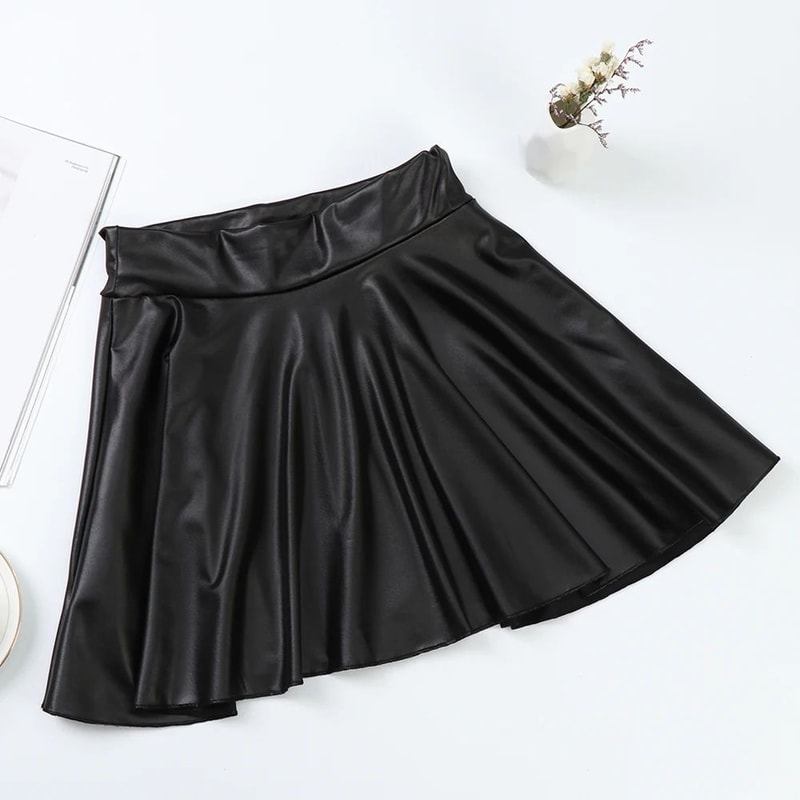 High Waist Faux Leather Mini Skirt Elastic Waist Womens Leather Skater Skirt 0