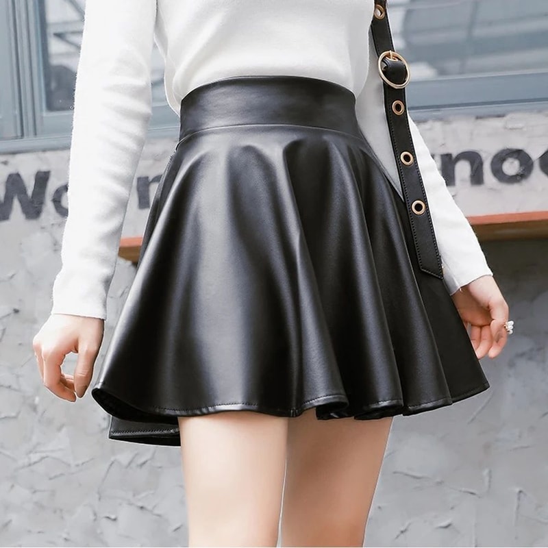High Waist Faux Leather Mini Skirt Elastic Waist Womens Leather Skater Skirt 1