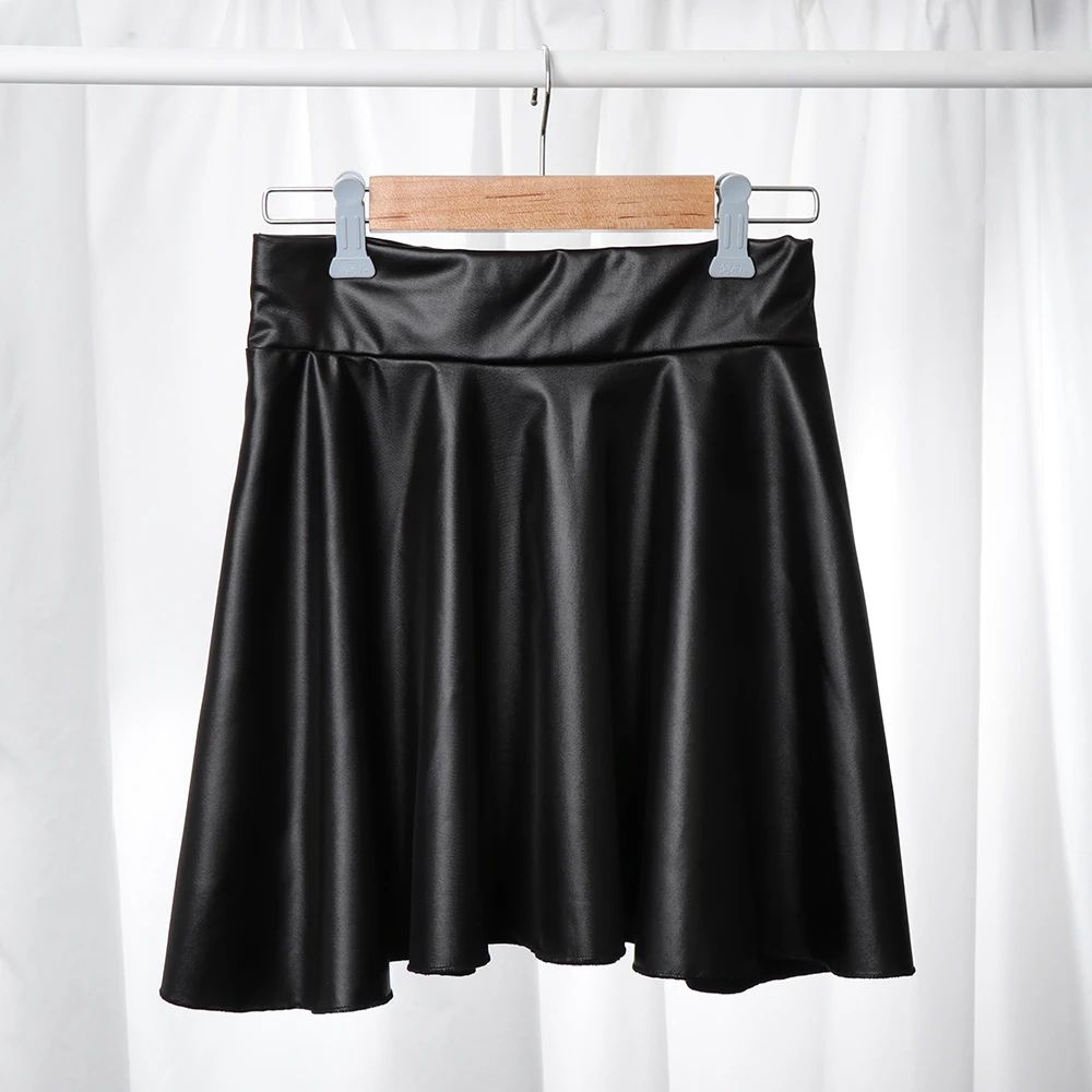 High Waist Faux Leather Mini Skirt Elastic Waist Womens Leather Skater Skirt 3