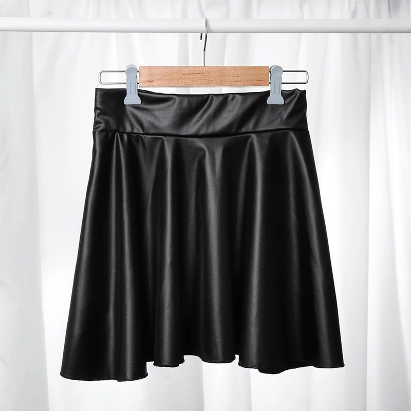 High Waist Faux Leather Mini Skirt Elastic Waist Womens Leather Skater Skirt 3