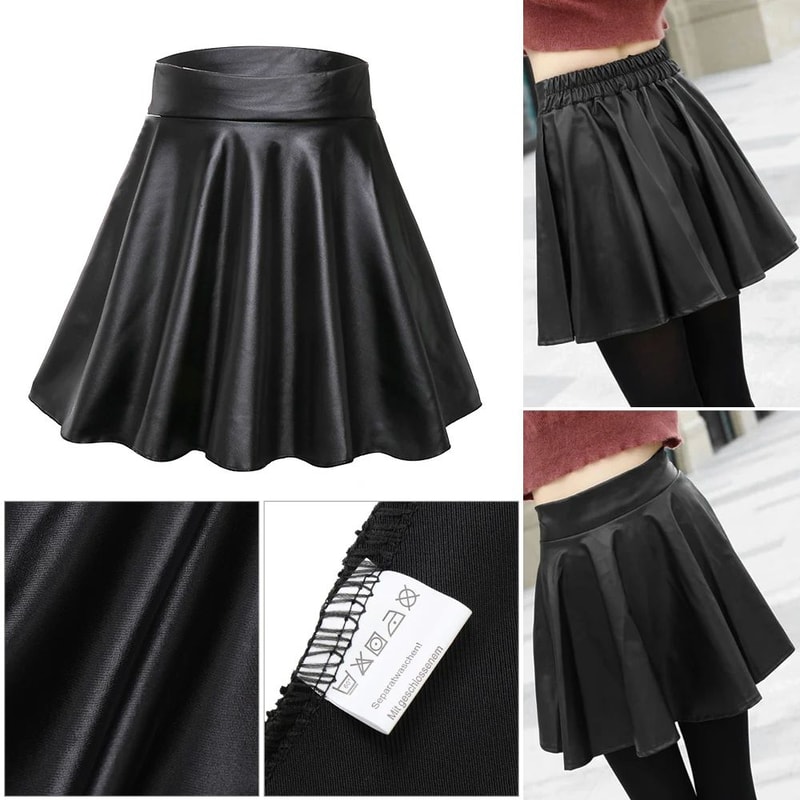 High Waist Faux Leather Mini Skirt Elastic Waist Womens Leather Skater Skirt 5