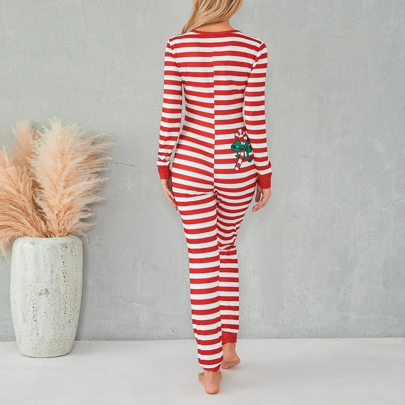 Cozy Striped ButtonFront Womens Pajama Romper Long Sleeve Christmas Lounge Jumpsuit Sleepwear 0