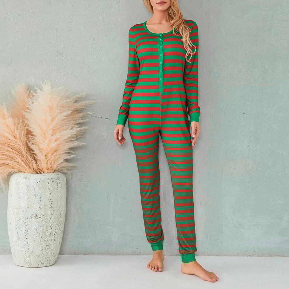 Cozy Striped ButtonFront Womens Pajama Romper Long Sleeve Christmas Lounge Jumpsuit Sleepwear 1