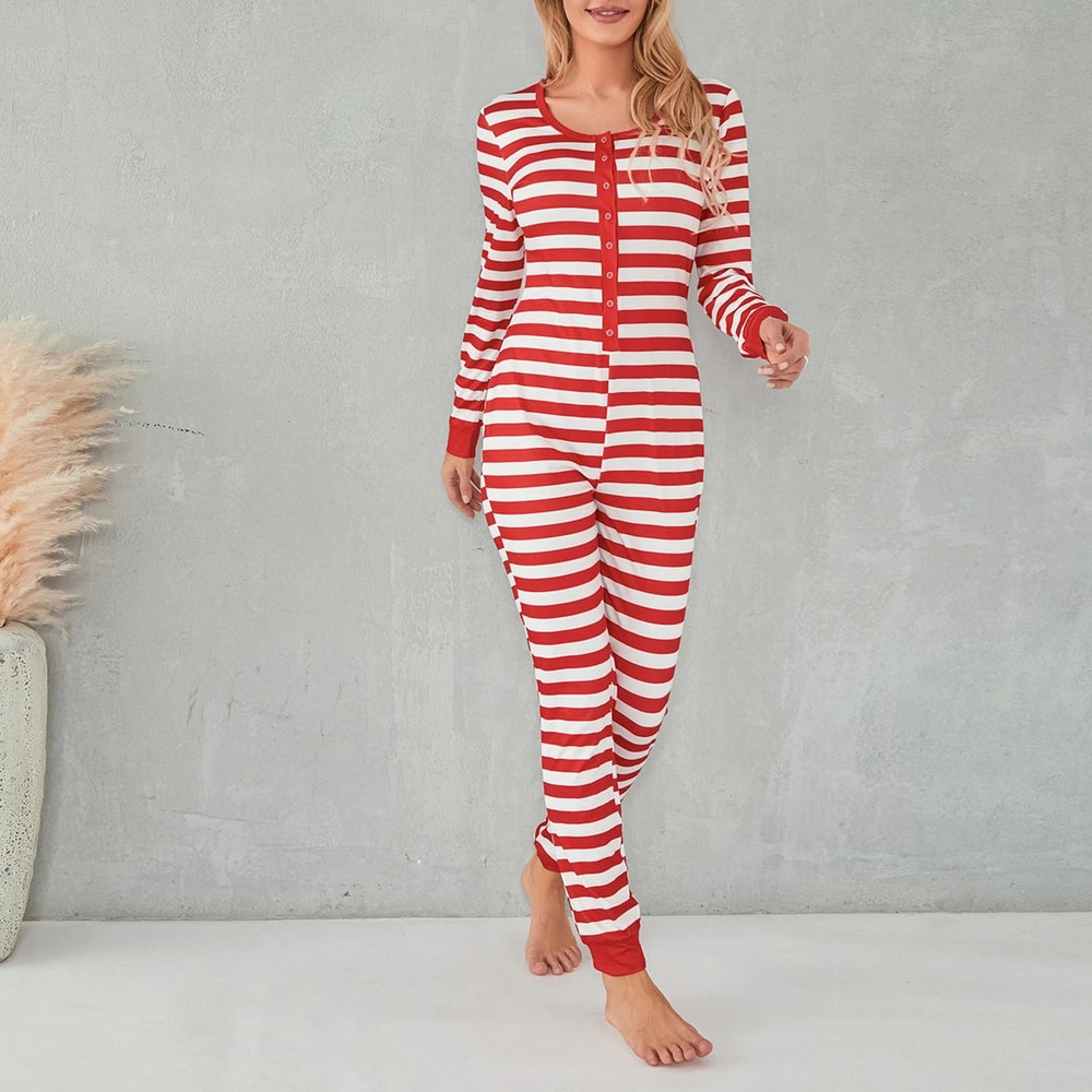 Cozy Striped ButtonFront Womens Pajama Romper Long Sleeve Christmas Lounge Jumpsuit Sleepwear 4