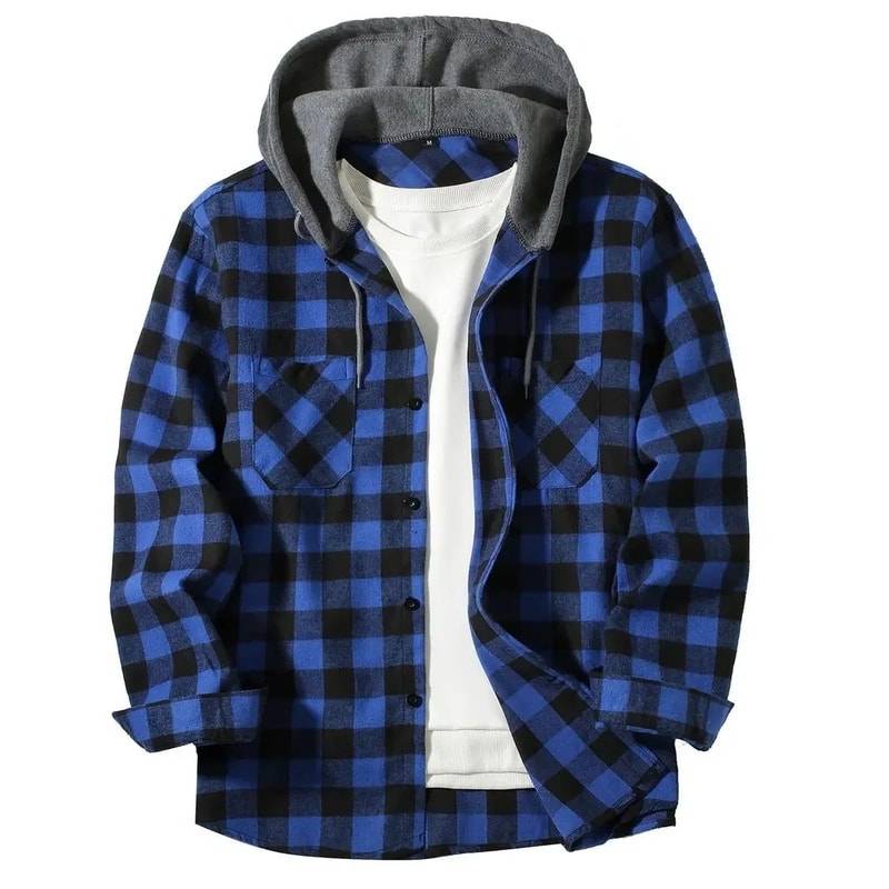 Mens Plaid Hooded Shirt Jacket Casual Flannel Button Down Hoodie With Double Pockets 1