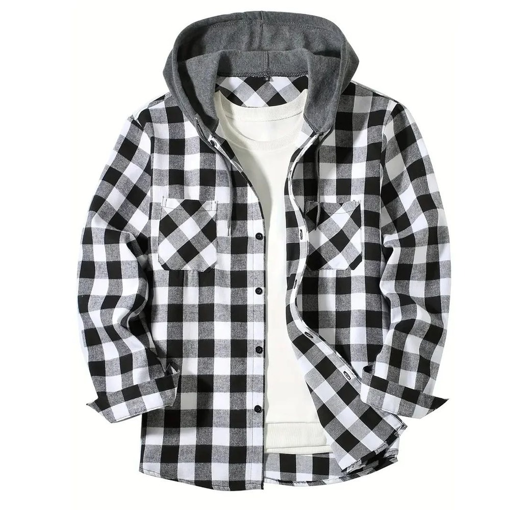 Mens Plaid Hooded Shirt Jacket Casual Flannel Button Down Hoodie With Double Pockets 2