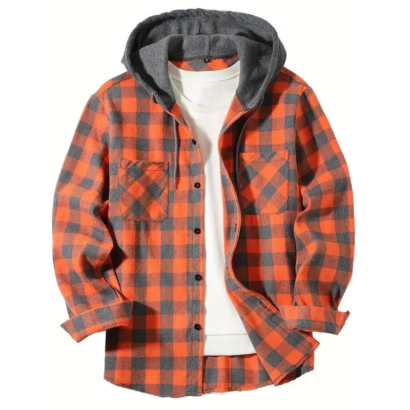 Mens Plaid Hooded Shirt Jacket Casual Flannel Button Down Hoodie With Double Pockets 0
