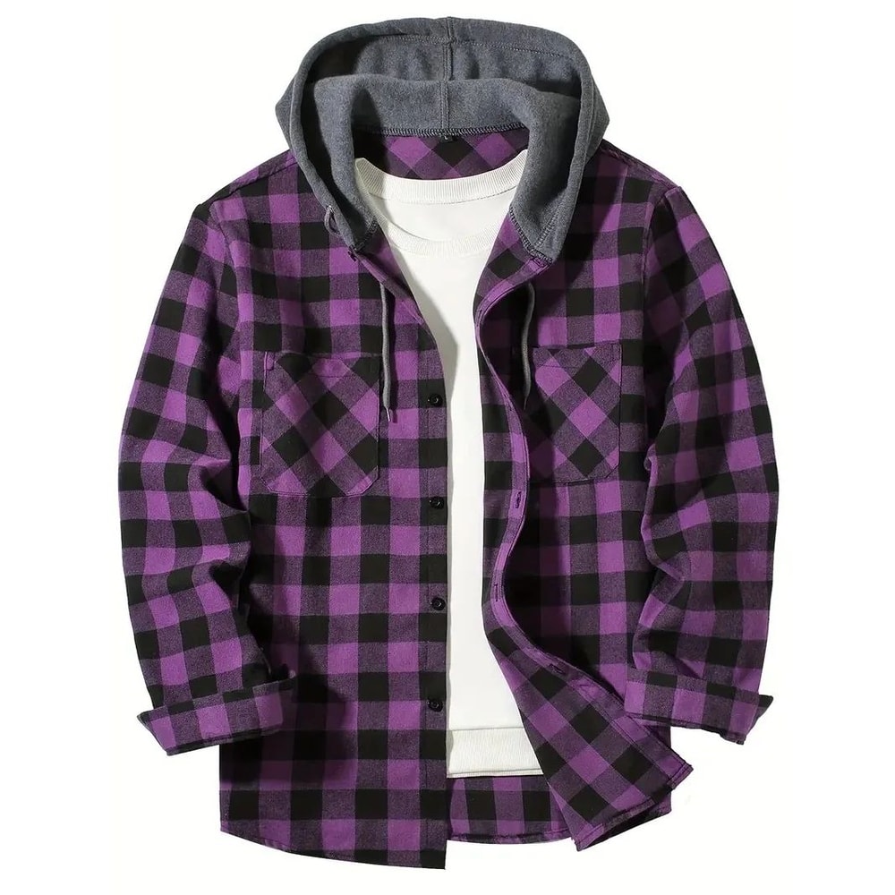 Mens Plaid Hooded Shirt Jacket Casual Flannel Button Down Hoodie With Double Pockets 4