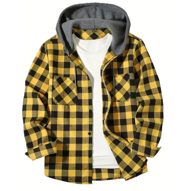 Mens Plaid Hooded Shirt Jacket Casual Flannel Button Down Hoodie With Double Pockets 6