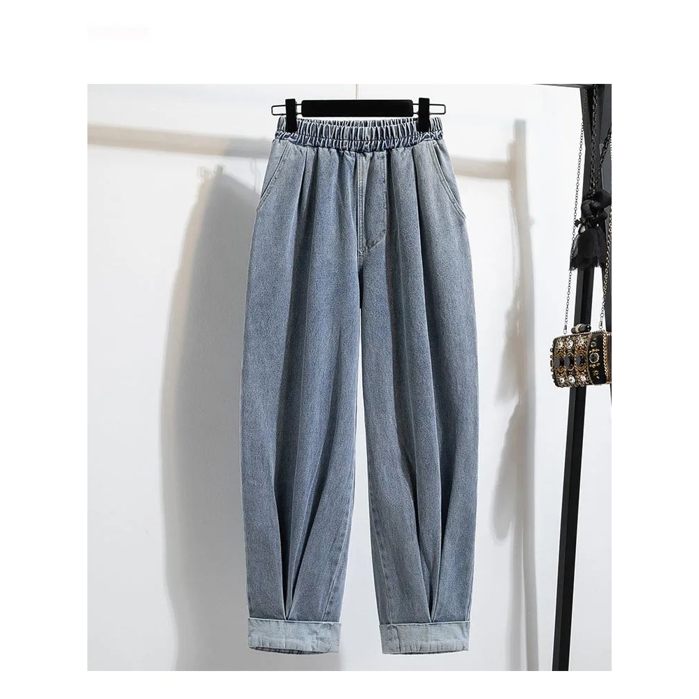 CurveEase Plus Size Harem Jeans High Elastic Waist Womens Stretch Denim Pants Korean Style 0