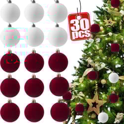 luxury velvet christmas ball ornaments – red & white flocked tree decorations set