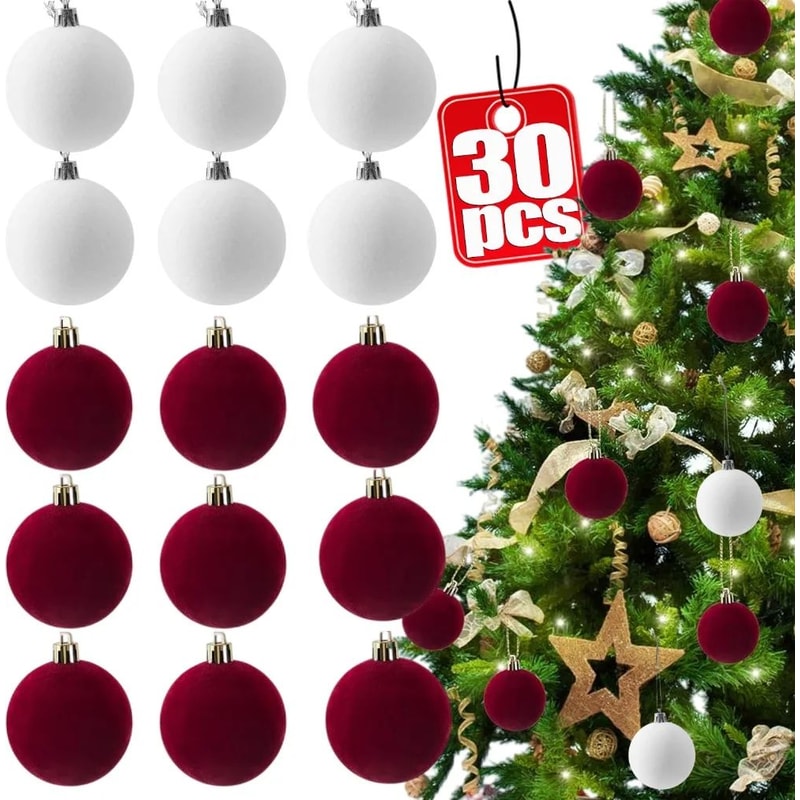 Luxury Velvet Christmas Ball Ornaments Red White Flocked Tree Decorations Set 0