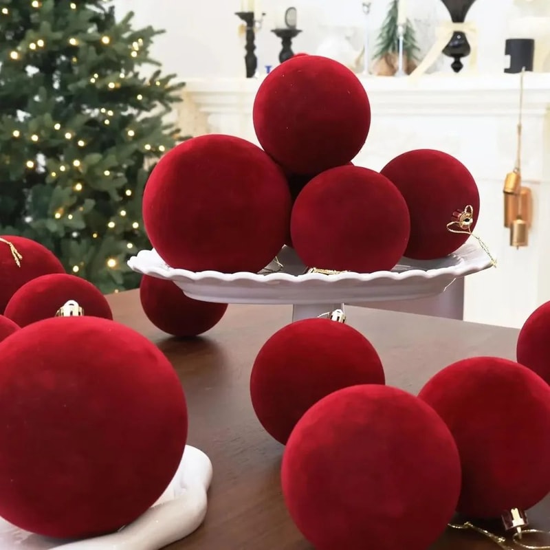 Luxury Velvet Christmas Ball Ornaments Red White Flocked Tree Decorations Set 1