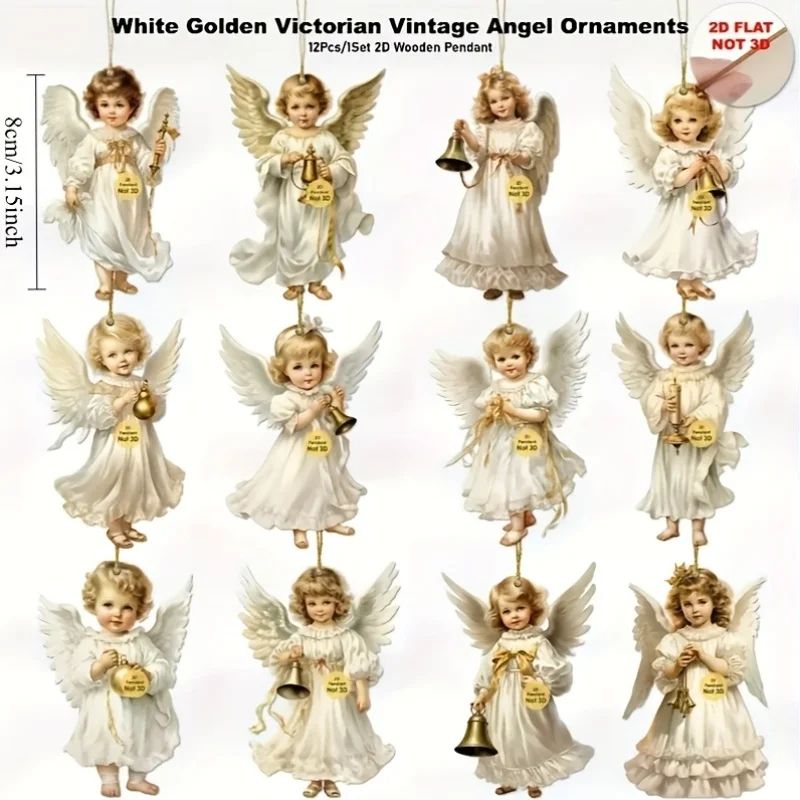 Vintage Angel Christmas Ornaments Wooden Hanging Decor Set 12pcs 1