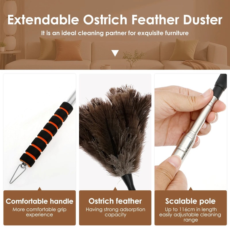 Extendable Ostrich Feather Duster With Stainless Steel Long Handle For Ceiling Fans Blinds And Furn 4