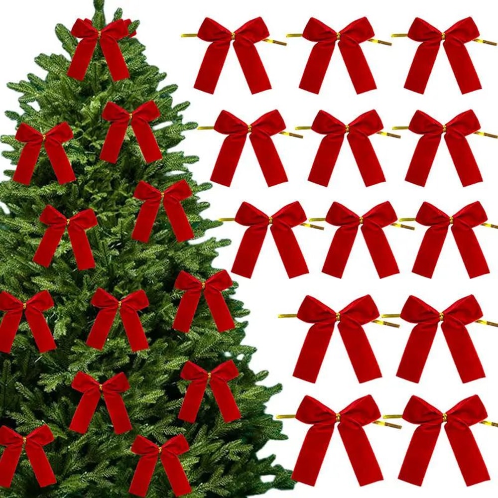 Red Velvet Christmas Tree Bows Set Mini Gold Accent Holiday Decor For Trees Wreaths And Gifts 0